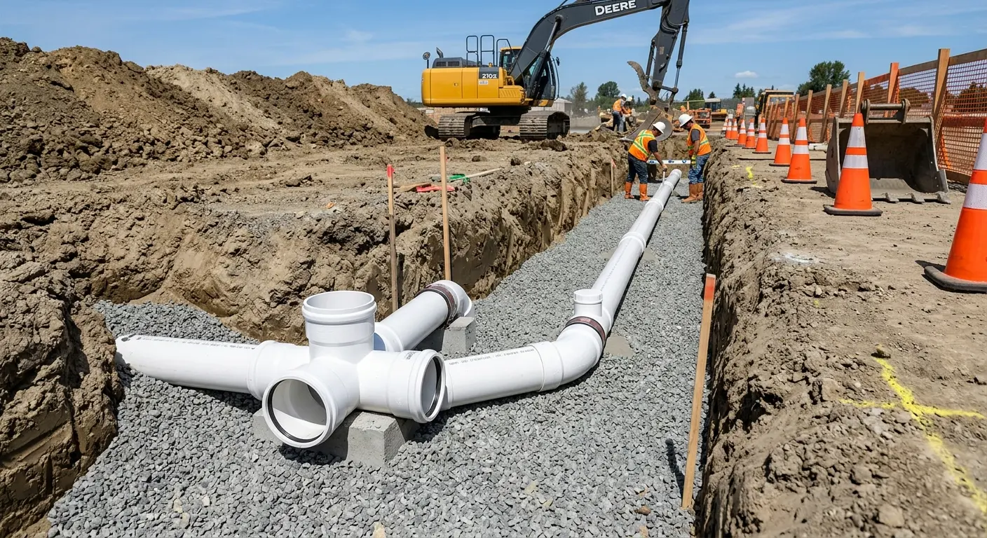 New PVC sewer pipe installation in open trench for Grease Trap Cleaning in Laurinburg
