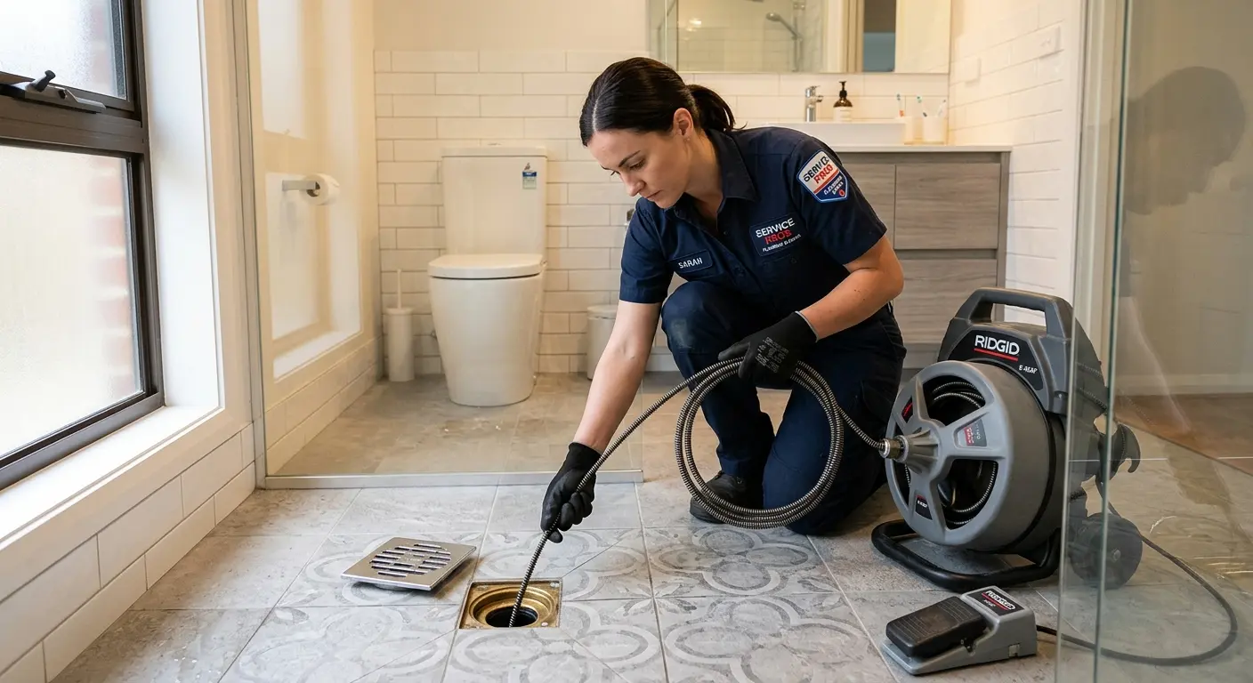 Technician clearing a bathroom floor drain for Sewer Line Installation in Laurinburg